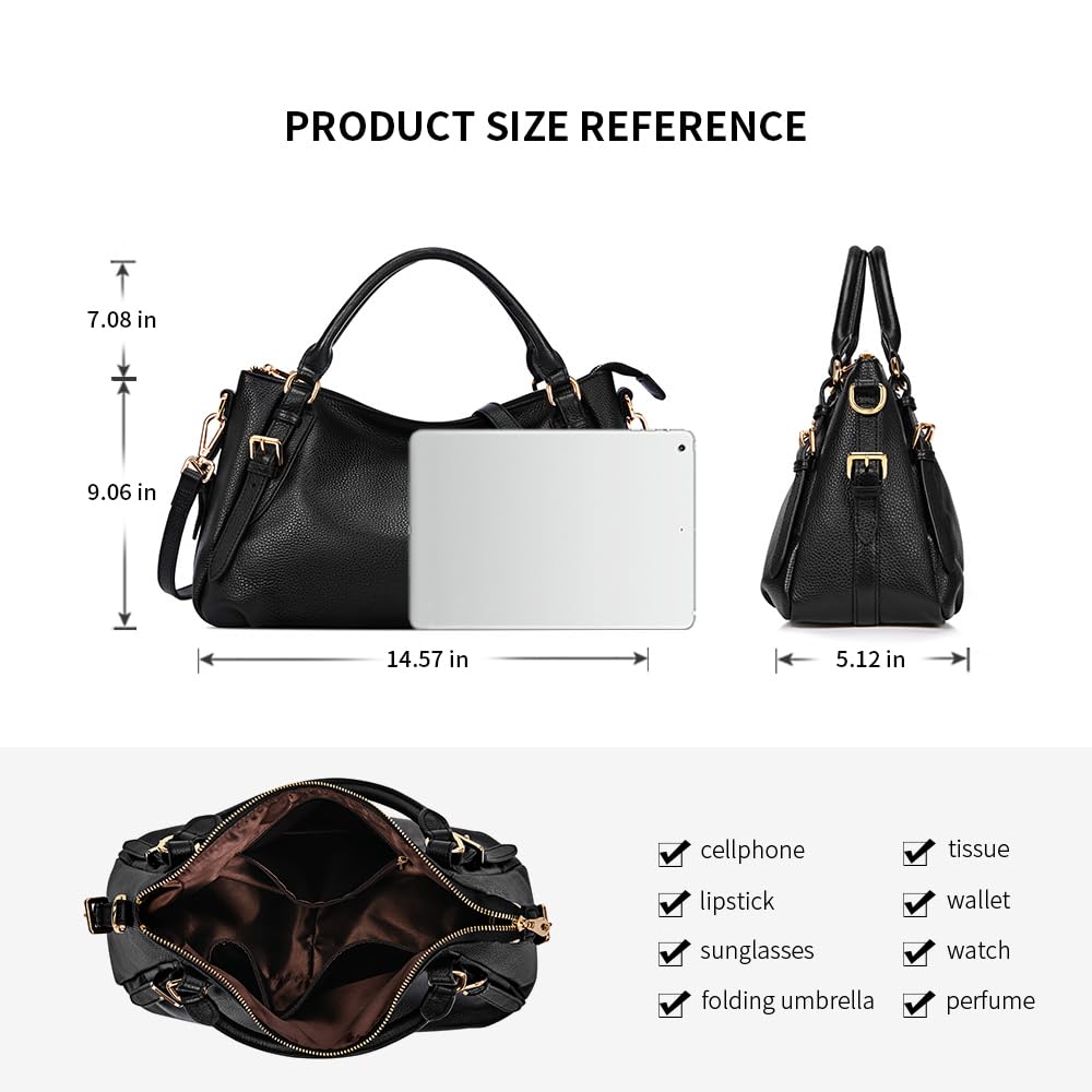 Kattee Women's Soft Genuine Leather Satchel Purses Top Handle Crossbody Bags Ladies Designer Medium Size Hobo Handbags(Black)