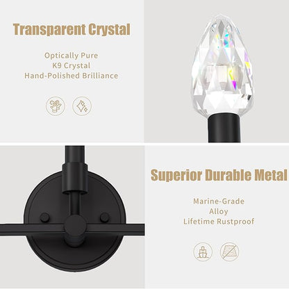 Farmhouse and Modern Bathroom Lighting Fixtures Over Mirror, 3 Light Matte Black Bathroom Vanity Lights, Crystal Bathrooms Wall Sconces(Includes Bulb)