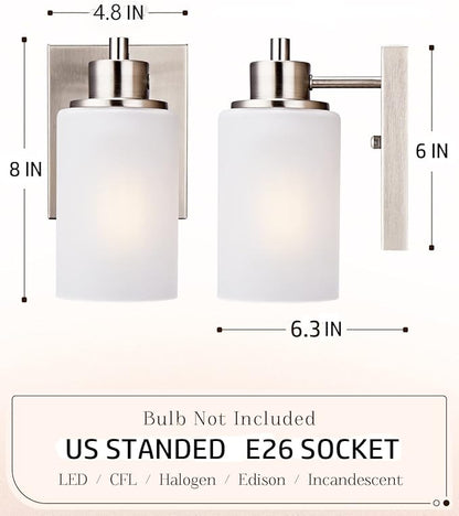 2 Pack Modern Bath Vanity Light Fixture 1-Light, Indoor Bathroom Wall Sconces for Living Room, Porch, Bedside, Brushed Nickel Finish with White Frosted Glass Shades Wall Mounted Lights