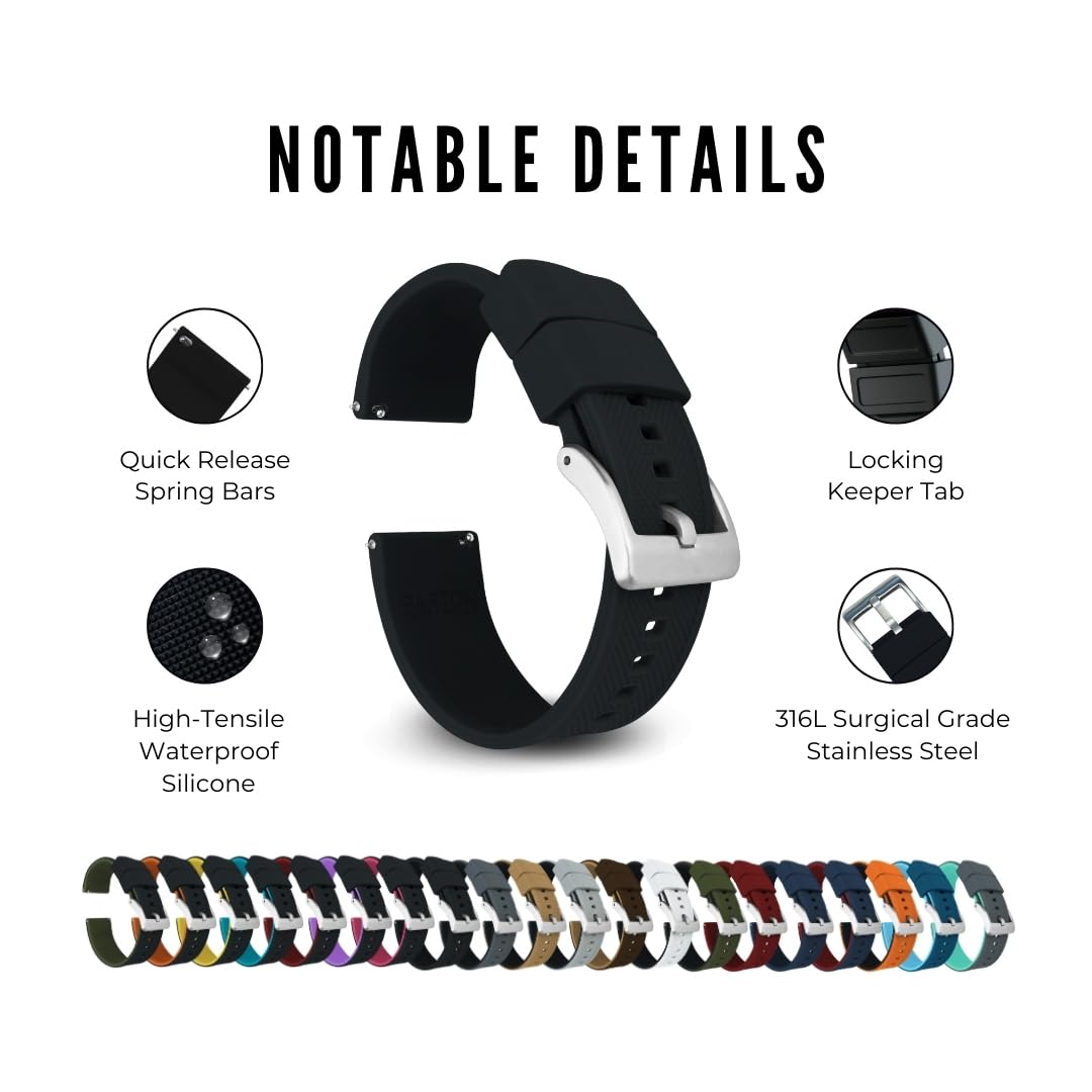 Barton Elite Silicone Watch Band (20mm) | Quick Release Premium Silicone Strap with Stainless Steel Buckle | Compatible with Classic & Smart Watches | Comfortable, Durable, Stylish, Waterproof - Black