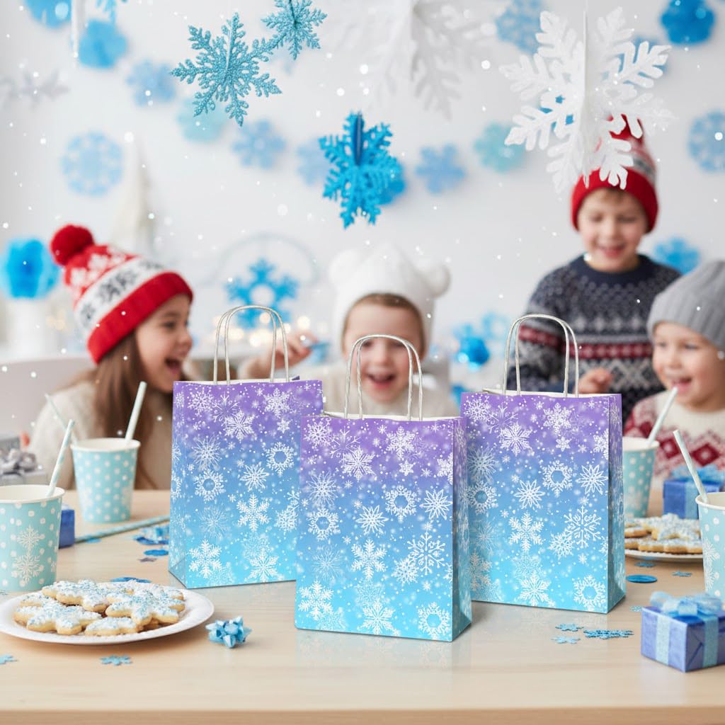 JOYGATHER 24 Pcs Snowflake Party Favor Bags with Handles - Winter Themed Goodie Gift Candy Kraft Paper Bags for Holiday Birthday Party Supplies Decorations