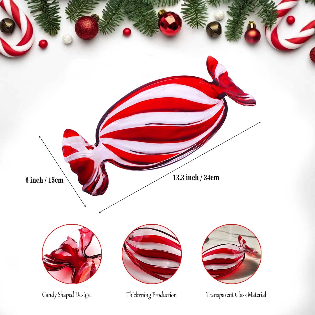 Gkesgm Christmas Decor Peppermint Candy Tray, Crystal Glass Fruit Plates,Sweet Snack Bowl,Wedding Dessert Storage Tank,Holiday Decor,Red,ZRO-065