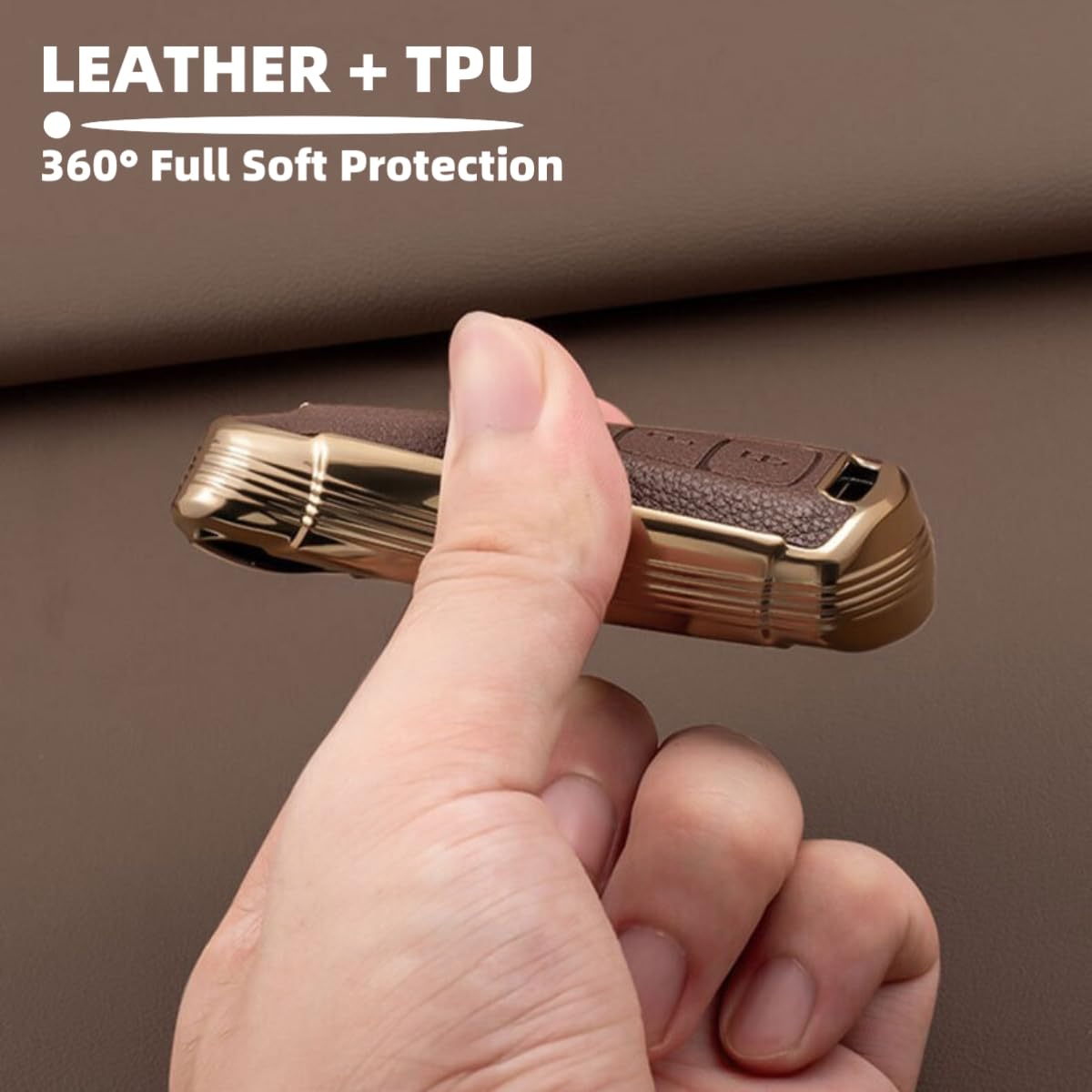 Axtrulix Key Fob Cover for Mercedes Benz with Key Chain, Upper Leather + Soft TPU Key Cover Case Shell for Mercedes C E S GLC CLE EQE EQS 300 350 450 500 560 580 AMG (Brown)