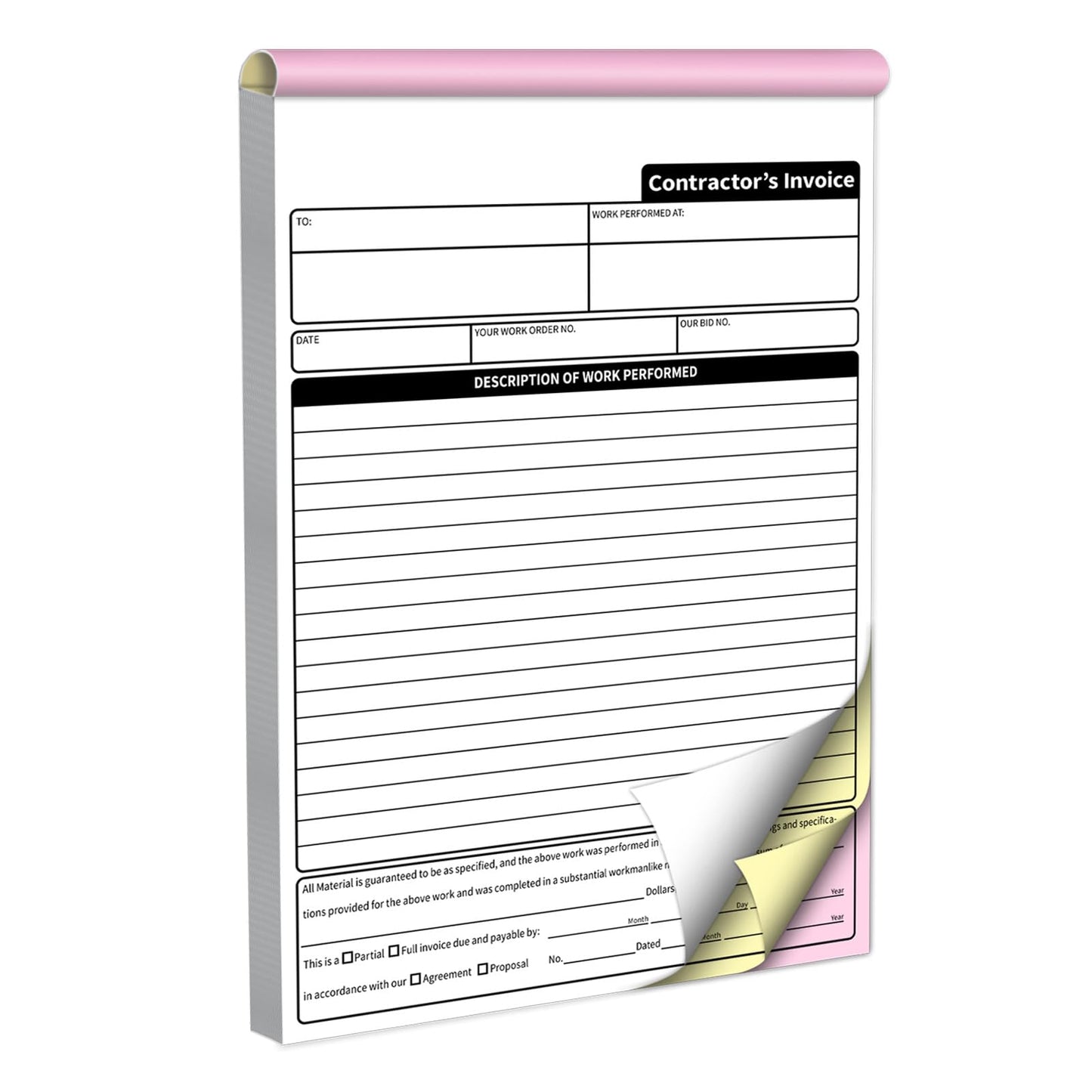 AMXZEA Contractor Invoice Books,3 Part Carbonless Contractor Estimate Book,Work Order Receipt Book with Carbon Copies,7.3 x 11 Inch (50 Sets)