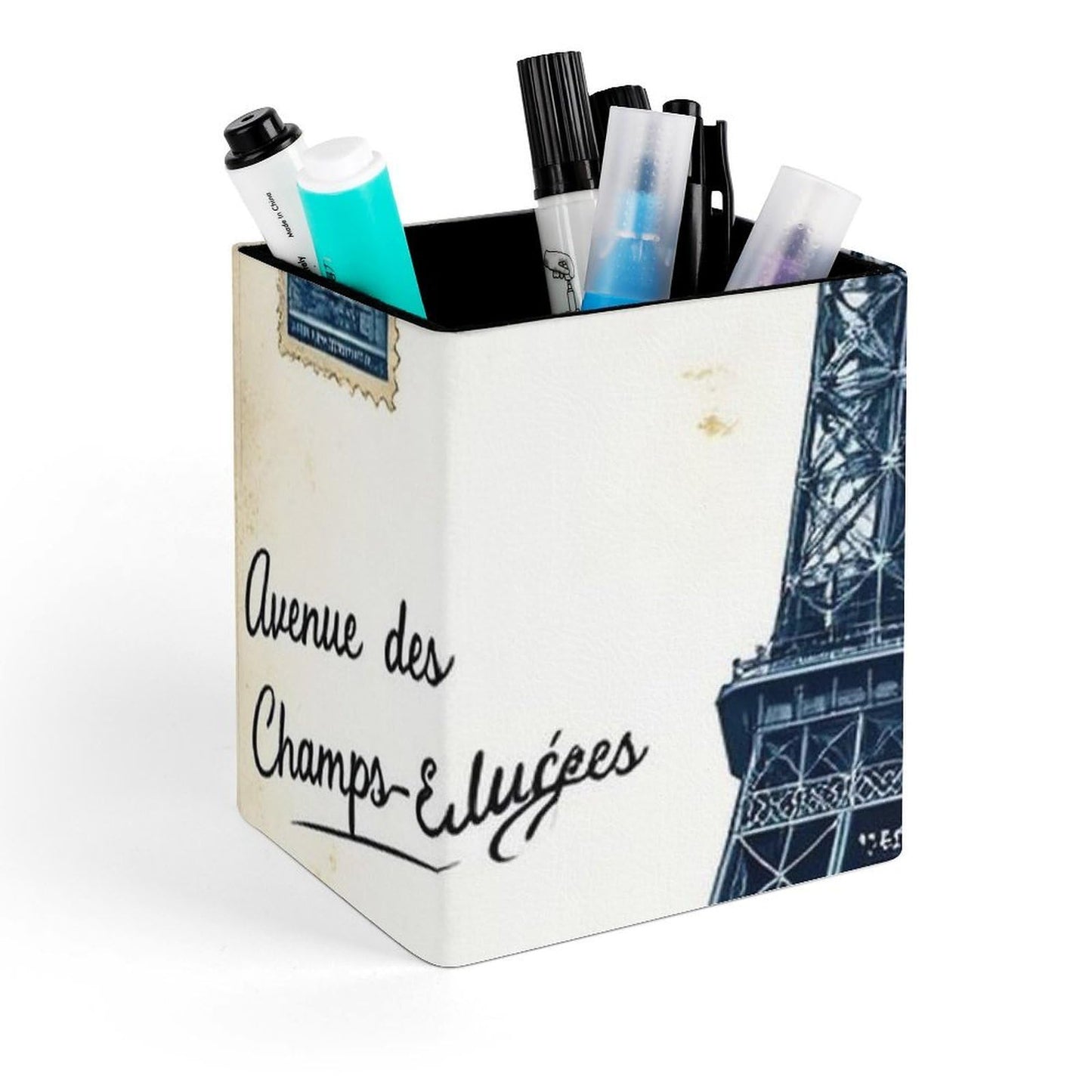 UTRSIFB Holder Cup Makeup Brush Storage Organizer, Waterproof Multifunctional Office Supplies, Pen Holder Square Leather Pencil Eiffel Tower