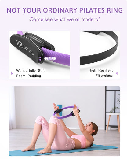 LIONSCOOL Pilates Ring Set (Purple) - 14" Anti-Deformation Magic Circle with Padded Handles, 9" Mini Ball, Elastic Latex Resistance Bands, Guide & Bag