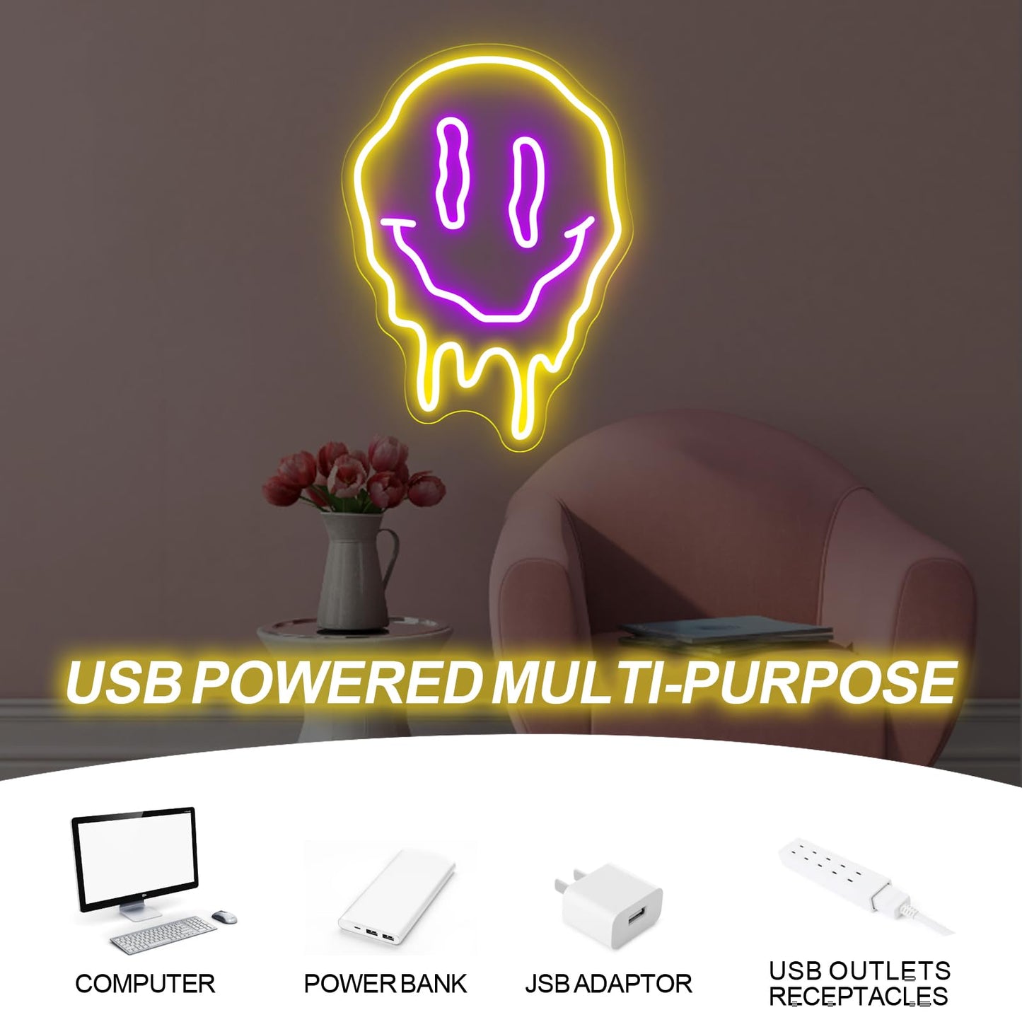 Melting Smiley Face Neon Sign Dripping Smile Wall Decor Bedroom Living Room Neon Entertainment Room Game Room Distorted smile face Sign For Kids Room Bar Party Bedroom Decor Lamp-15.7"