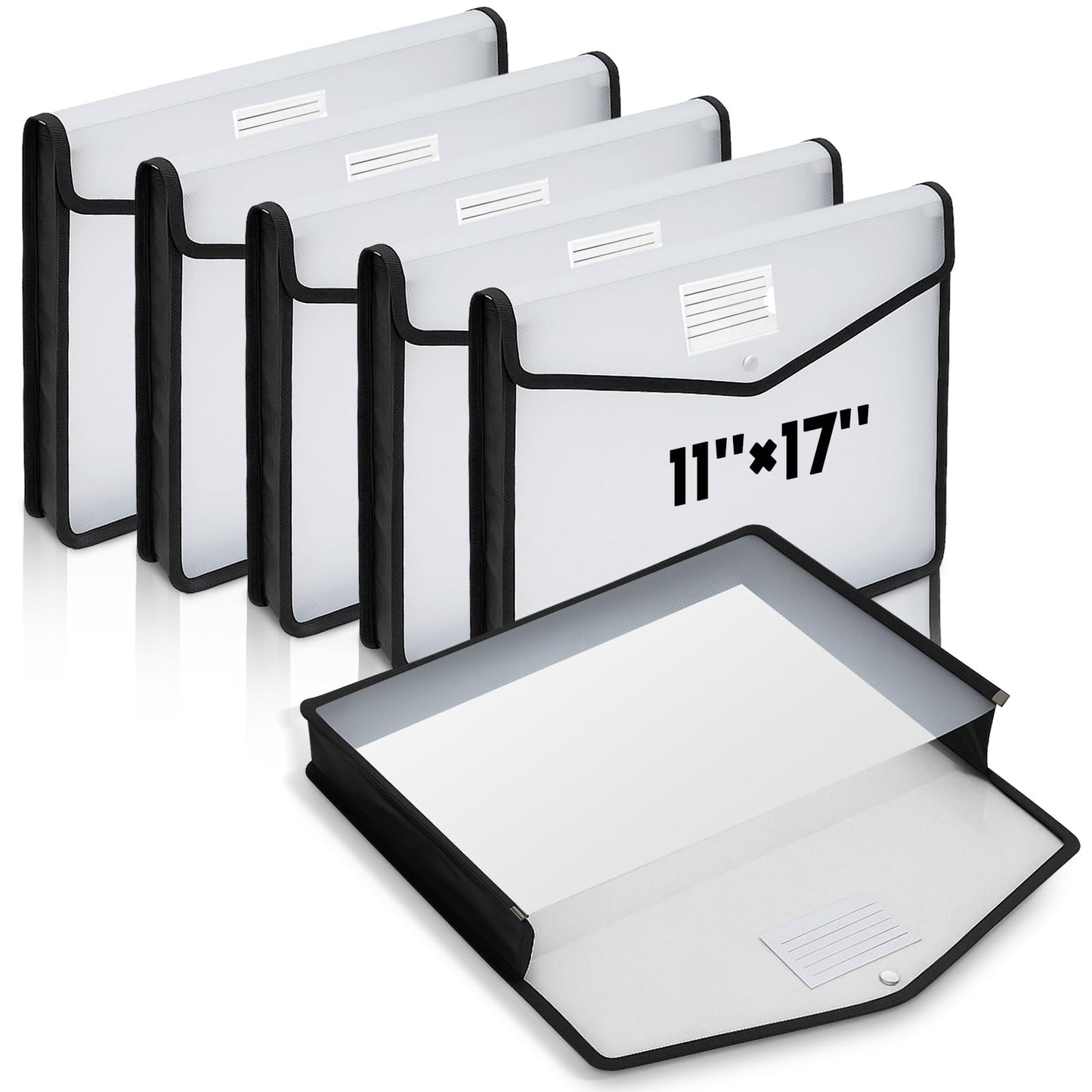 AmazingSpark 6 Pcs 11 x 17 Inch Expandable Tabloid Size Document Folder Organizers with Snap Closure & Label, Clear Plastic Expanding File Folder for A3 Ledger Size Plots Charts (Black)