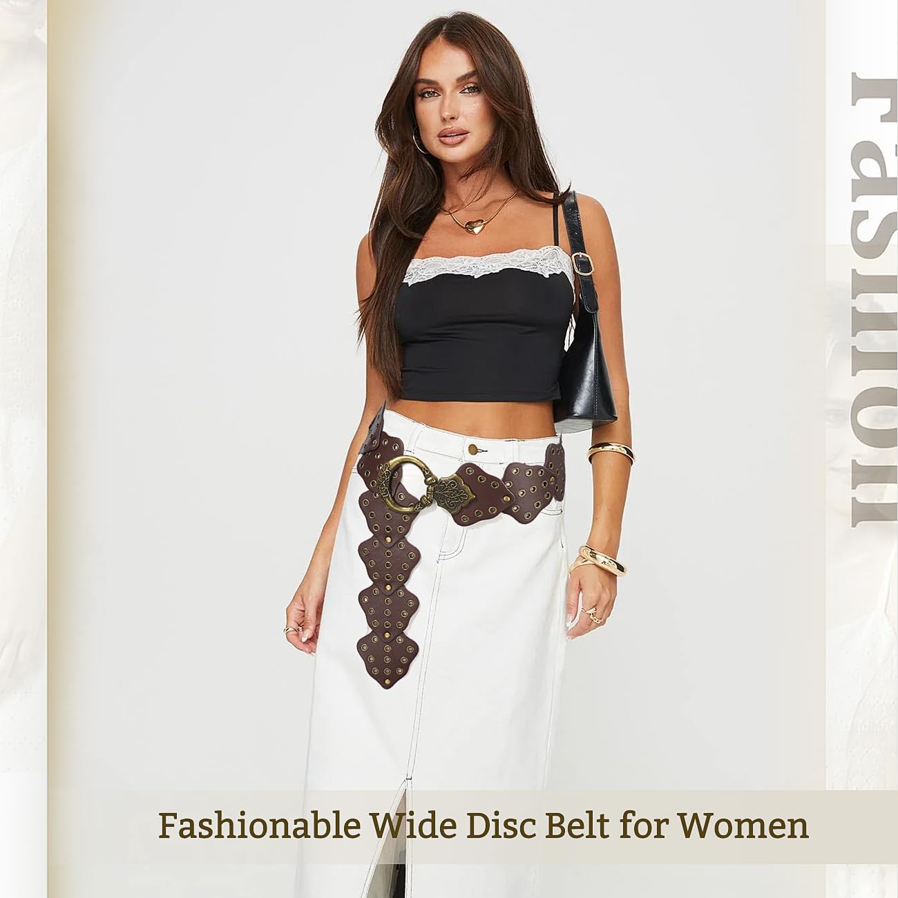 HIQUACC Wide Disc Belt for Women Vintage Leather Hollow Leaf Belt Western Waist Belt (Leaf Brown XL)