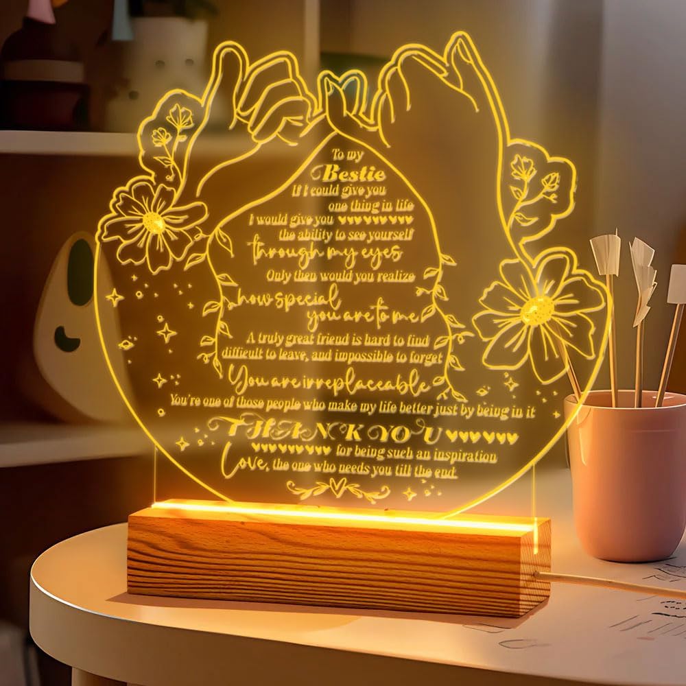Bestie Gifts Heartfelt LED Night Light for Best Friend - Bestie Birthday Gifts - USB Powered Lamp with Pinky Promise Design and Touching Message - Wooden Base - Perfect Friendship Gift for Home Decor