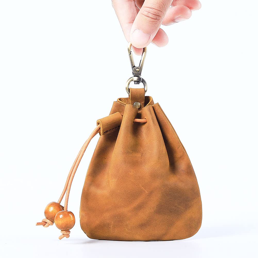 Wugebud 1 Pcs Leather Mini Medieval Pouch Keychain, Coin Organizer, Change Holder, Leather Drawstring Pouch for Men & Women