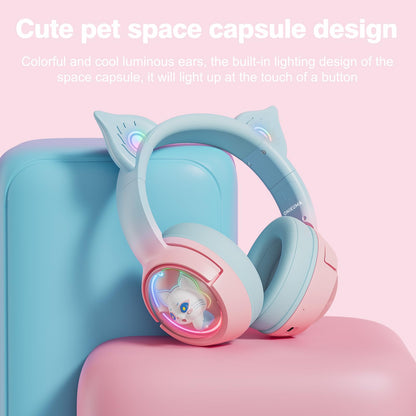 PHNIXGAM Cute Cat Bluetooth Headphones, Wireless & Wired Mode Headset with Mic, RGB LED Light, for Girls Women School Gaming, Compatible with Mobile Phones Tablet (Pink Blue)