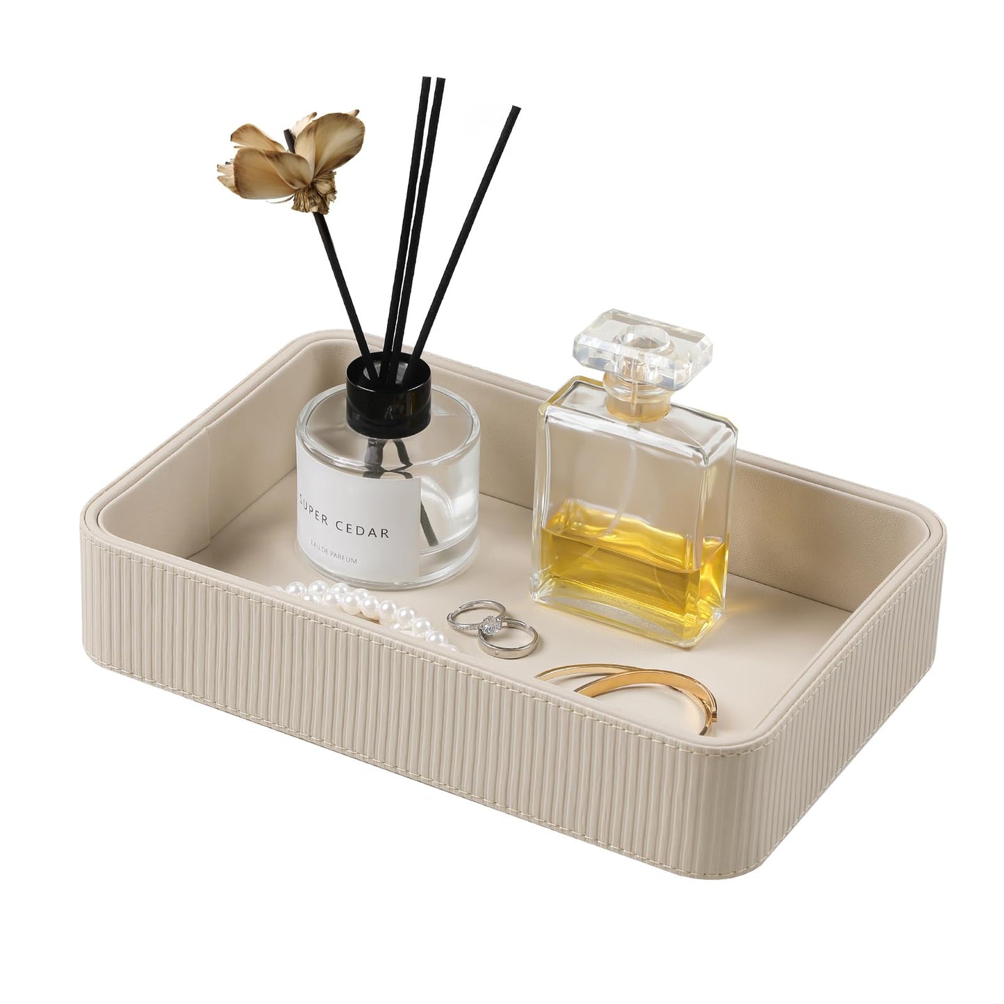 Cretkhp PU Leather Valet Tray Organizer, Modern Nightstand Organizer Bedside Desktop Storage for Womens and Men, Decorative Perfume Trinket Catchall Vanity Tray for Key Watch Wallet (Beige)