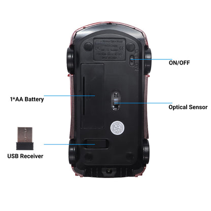 elec Space Wireless Mouse, 2.4GHz Cool Sport Car Shape Computer Mouse 1600 DPI Optical Cordless Mice with USB Receiver for PC Laptop Computer Notebook (Red)