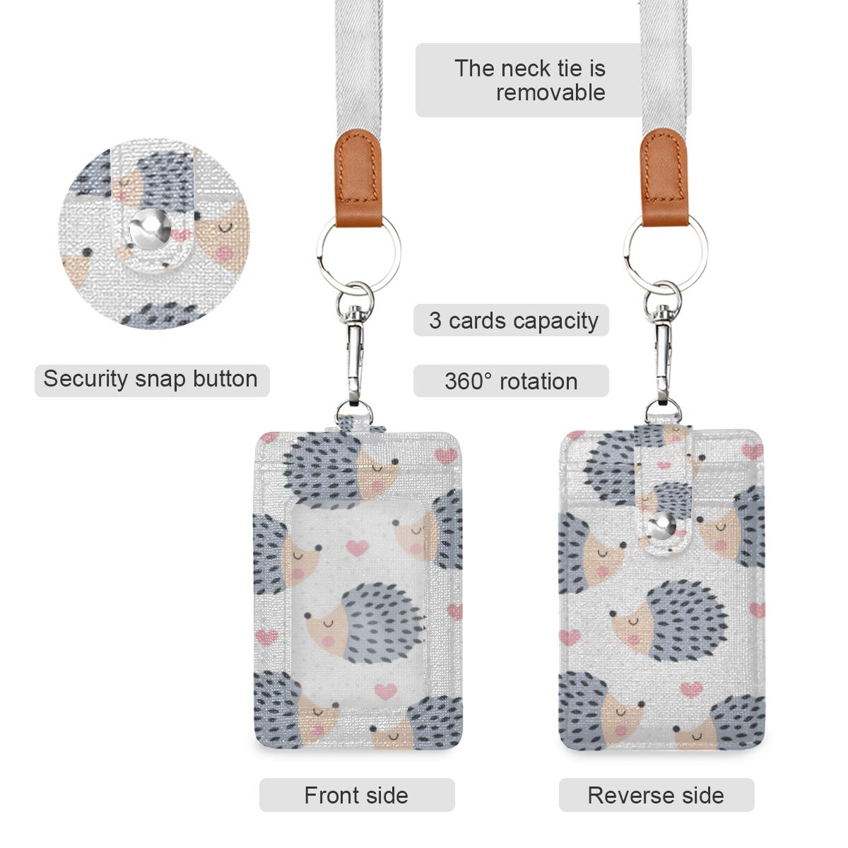 Qilmy Hedgehog ID Badge Holder Leather Credit Card Badge Holder with Lanyard for Boys Girls School Office Staff