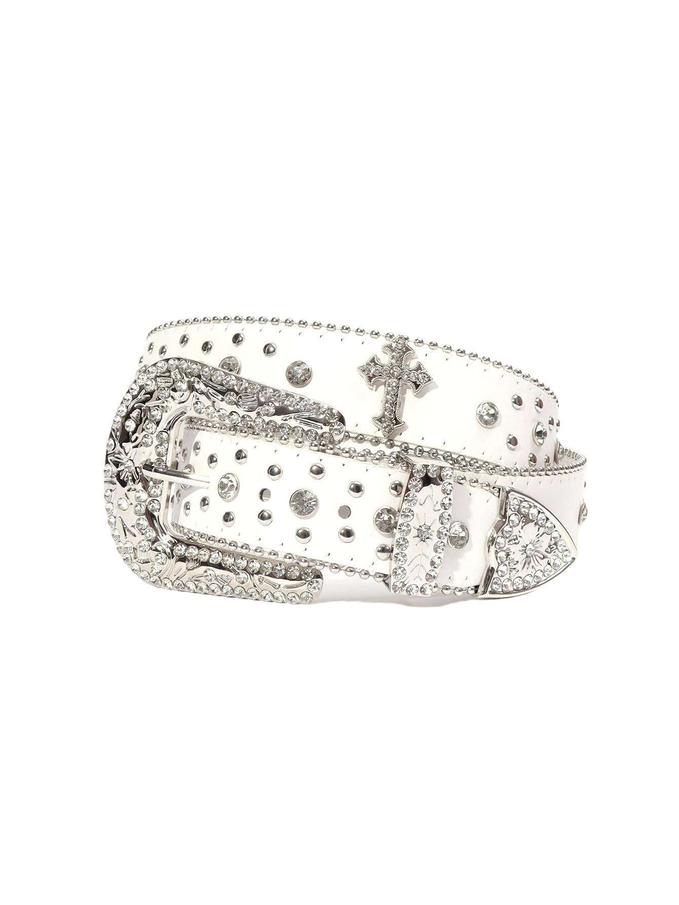 Strapvia Rhinestone Belt for Men & Women, Western Cowboy Cowgirl Belt with Bling Cross Design for Jeans (Full white, waist size 38"-41")
