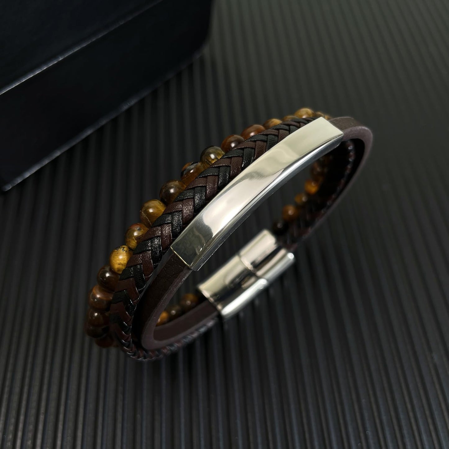 Kim Carrey Italian Handmade Genuine Leather Multi-Layer Cuff Bracelet for Men with Stainless Steel Clip, 8.2" Tiger Eye