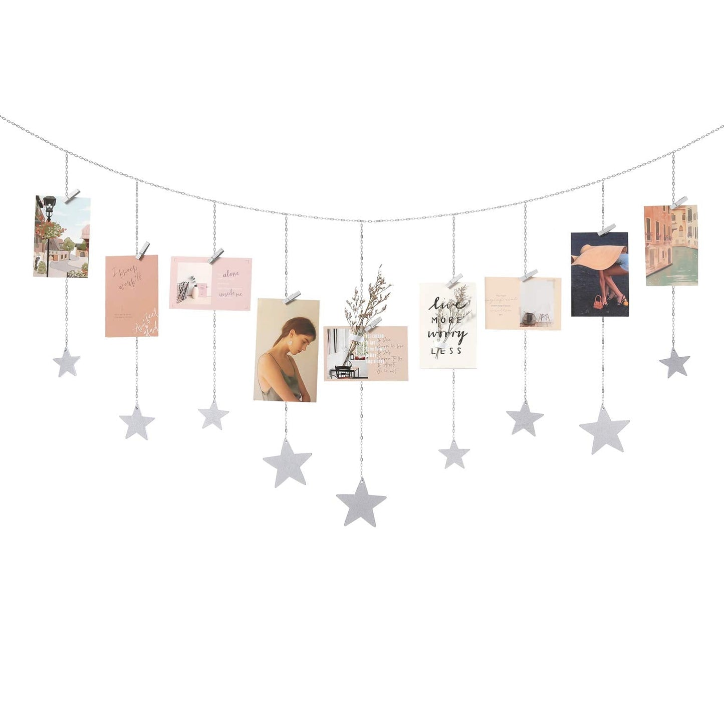 Mkono Hanging Photo Display Boho Decor Wooden Stars Garland with Metal Chains, Pictures Cards Holder with 25 Wood Clips, Wall Art for Christmas Living Room Bedroom Dorm Decor, Teen Girls Gift, Silver