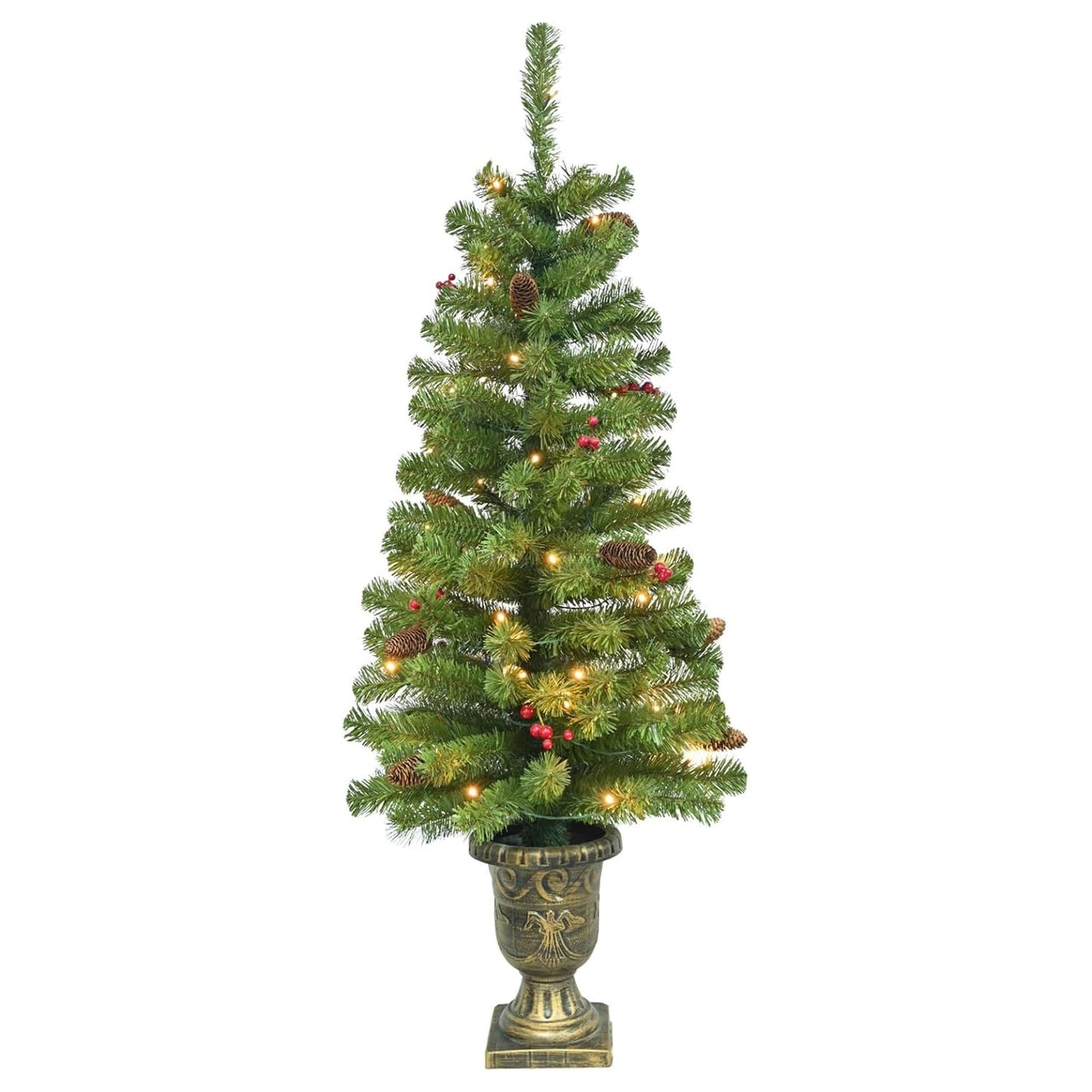 Maylaviu 4FT Artificial Potted Christmas Tree with Lights, Pre-lit Mini Christmas Tree with 50 LED Lights, Small Fake Spruce Tree with 140 Branch Tips, Pine Cones&Red Berries, Battery Operated