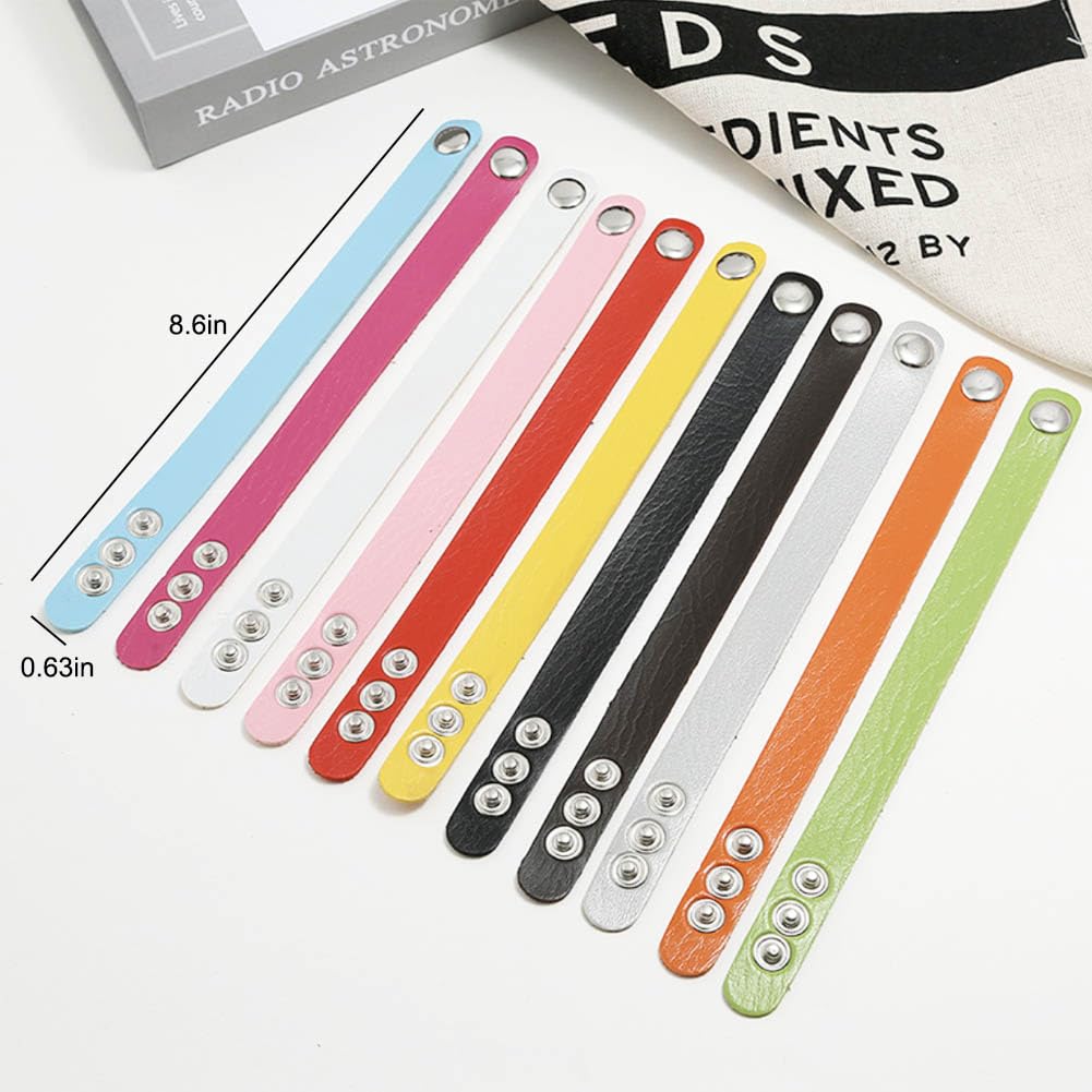 KABAKE 20 Pack Faux Leather Bracelet Blank Snap Bracelets Colorful Adjustable Plain PU-Leather Wrist Cuffs for Men Women DIY Craft Wristbands