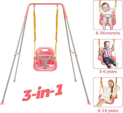 FUNLIO Toddler Swing with Foldable Metal Stand for Toddlers Aged 1~10 Years, 3-in-1 Baby Swing Set with 4 Sandbags for Backyard/Indoor/Outdoor Play, Easy to Assemble & Store, Pink