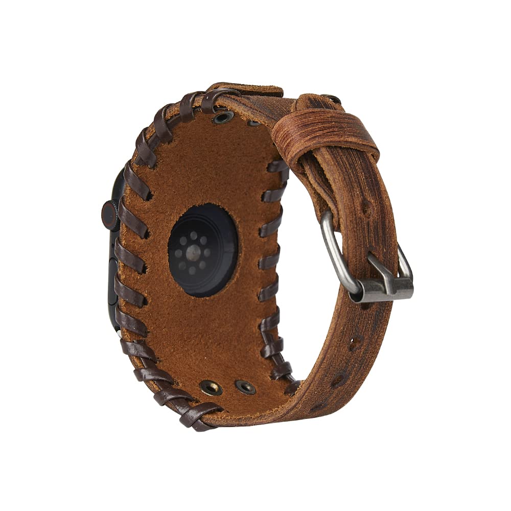 KONAFEI Compatible with Apple Watch Band 49mm 46mm 45mm 44mm 42mm 41mm 40mm 38mm iWatch Ultra Series 10/9/8/7/SE/6/5/4/3/2/1 for Men Women, Leather Handmade Cuff Bracelet Woven Vintage Strap, Brown