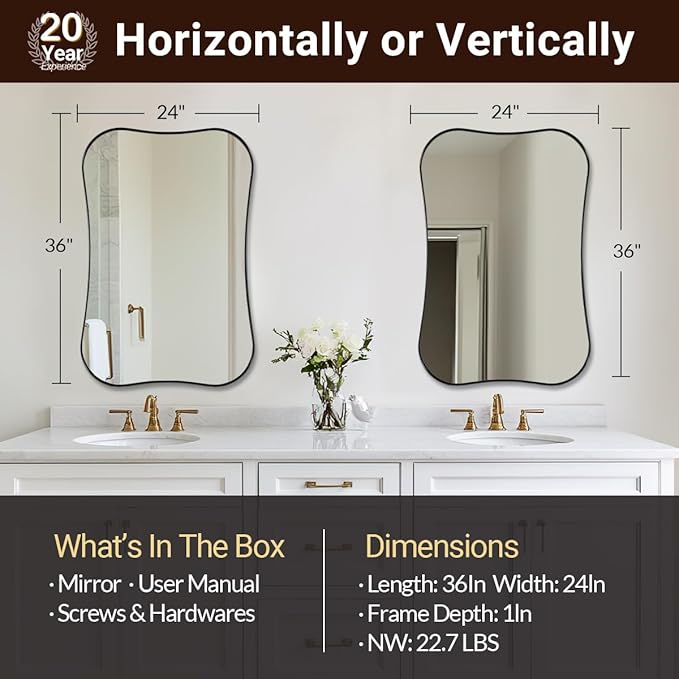 ANDY STAR 24x36 Inch Black Bathroom Mirror, Modern Scalloped Black Mirror with Unique Notched Edges Design in1 Inch Stainless Steel Frame Wall Mounted Horizontal/Vertical for Home Decor