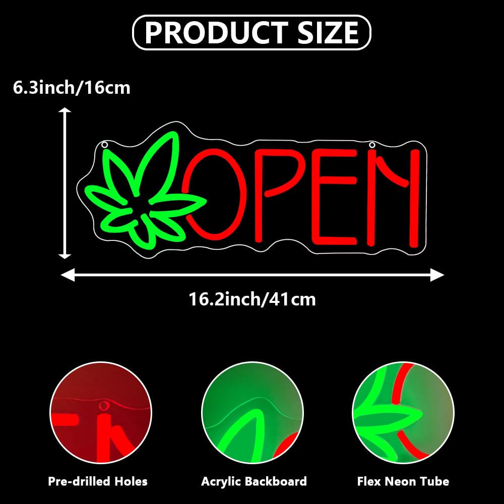 Green Leaf Neon Sign, Open Led Neon Light Signs for Wall Decor LED Light up Sign for Bar Home Beer Bar Pub Night Club Party Hotel Birthday Man Cave Club Pub Party Decor Gift USB Powered(16.2"*6.3")