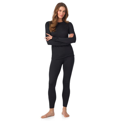 Cuddl Duds Womens Heavyweight Fleece 2 Piece Long Sleeve Thermal Underwear Set – Shirt & Leggings Base Layer for Cold Weather – Winter Clothing Long Johns Lounge Sets for Women, Black, XS