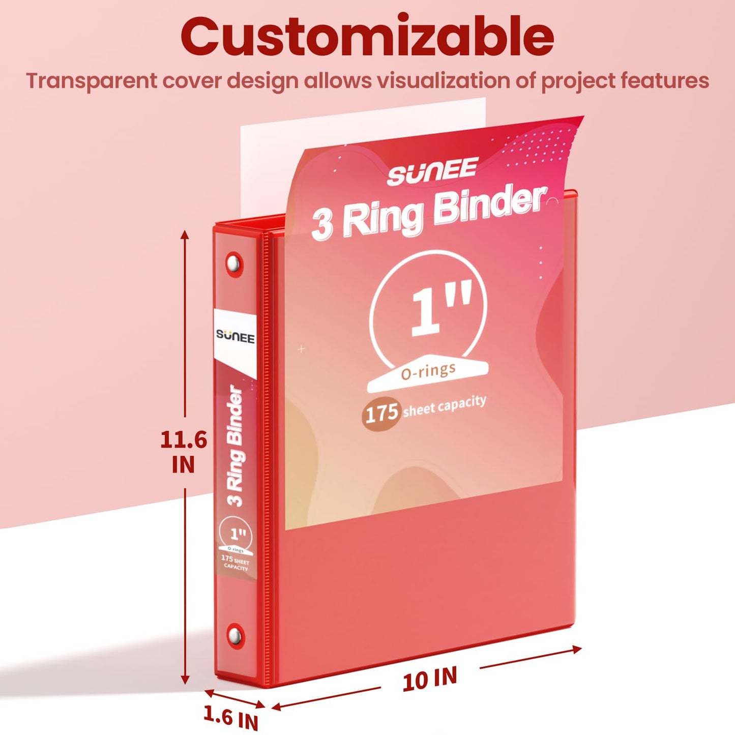 SUNEE 1 Inch Binders 3 Ring 6 Pack, Clear View Three Ring Binders PVC-Free (Fit 8.5x11 Inches) for School Binder or Office Binder Supplies, Classic 6 Colors