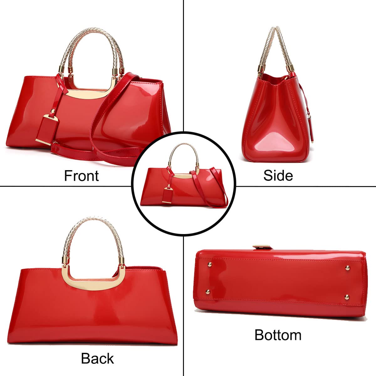 XingChen Glossy Women Handbag Faux Patent Leather Top-Handle Bag Structured Shoulder Bag Tote Evening Purse Party Satchel(Blue)