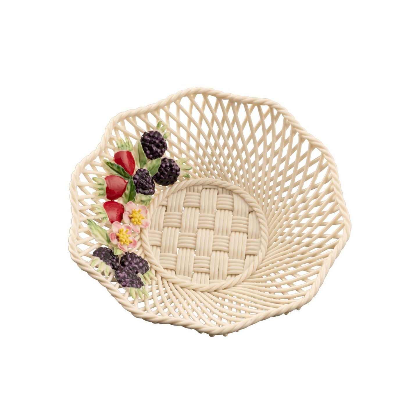 Belleek Classic Wild Irish Hedgerow Autumn Basket - Boho Room Decor, Decorative Storage Baskets, Handcrafted with Red Rose Hips, Blackberries, and Wild Roses, 7”D x 1.5”H