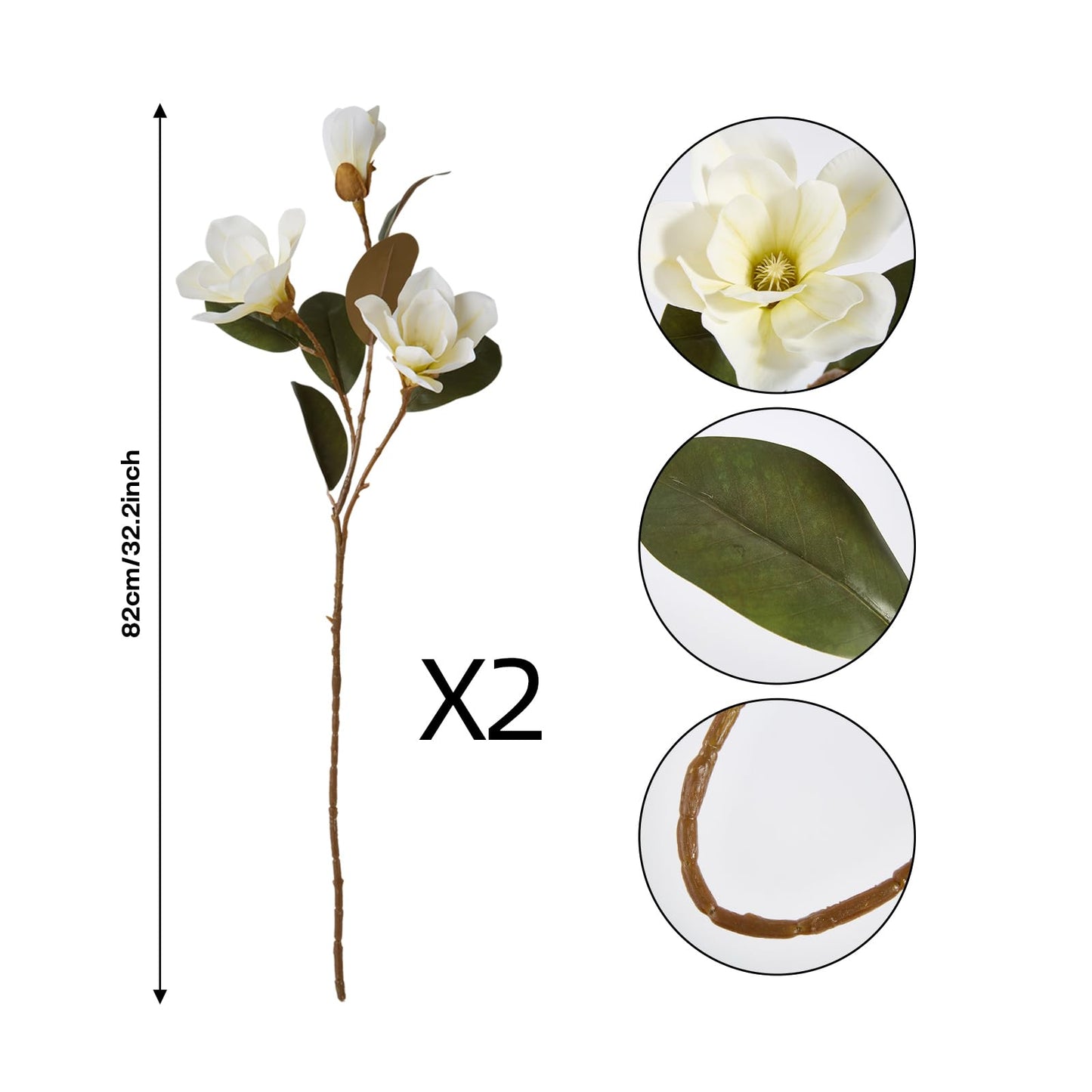 2PCS 32.2inch Artificial Magnolia Flowers 3D Real Touch 6 Heads Faux Magnolia Flower Bouquets Realistic Long Stem with Green Leaves for Home Wedding Table Office Floral Arrangement Decoration (White)