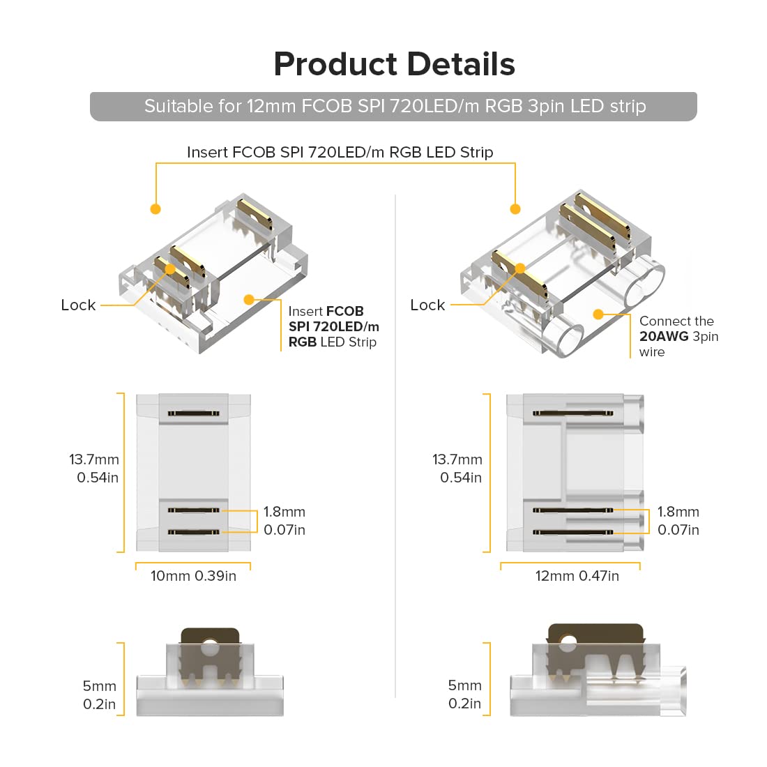 BTF-LIGHTING 3Pin 12mm Width Transparent Connector Kit, L-Shaped/Corner Connector Kit Only Support FCOB SPI WS2811 720LED/m RGB (+ DI GND) 3 Wires LED Strip