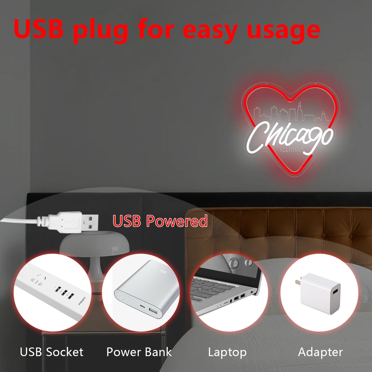 Chicago Neon Sign for Wall Decor Chicago Neon Light for Women Gift Dimmable LED City Light Up Sign for Christmas Birthday Gifts