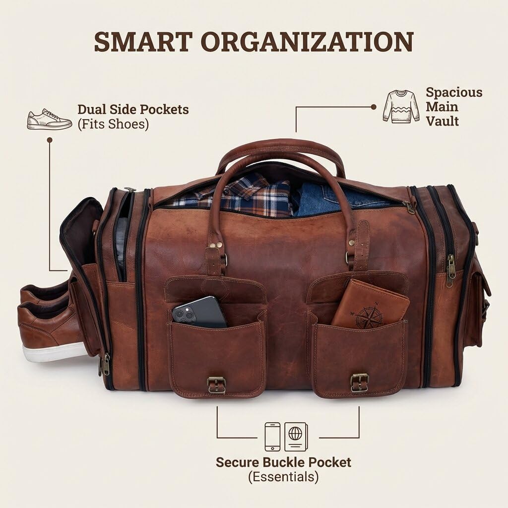 Genuine Leather Duffle Bag 24 Inch Handmade Vintage Travel Case Luggage Bags for Men, Overnight Carry On Duffel Bag Medium Weekender Gym Bag for Men and Women