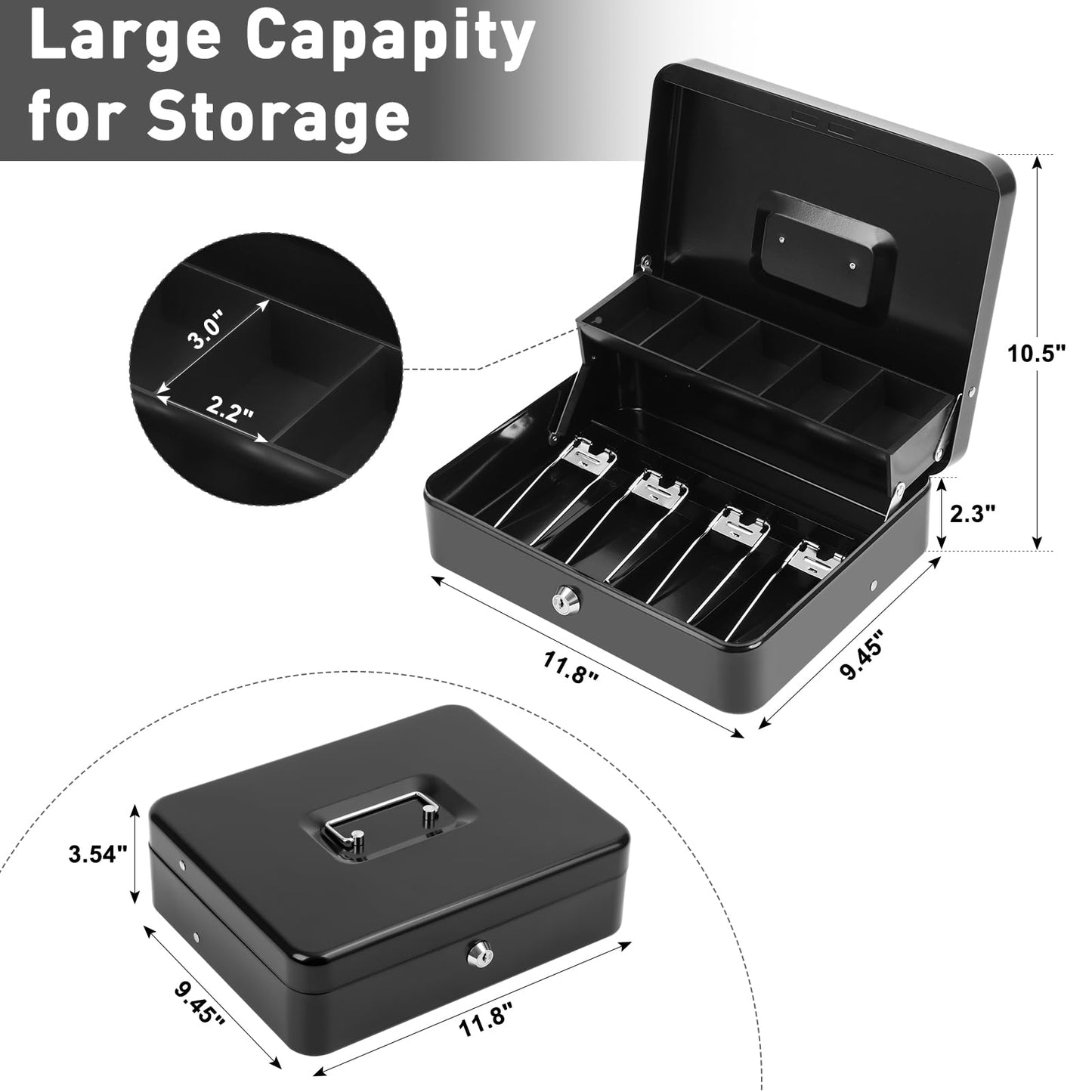 KYODOLED Locking Cash Box with Lock, Money Box with Cash Tray, Lock Safe Box with Key, Money Saving Organizer,11.81Lx 9.45Wx 3.54H Inches, Black XL Large