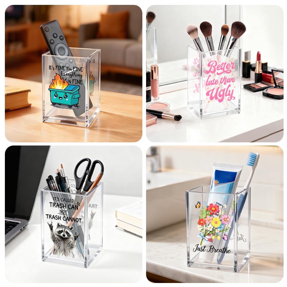 Gkodw Everything is Fine Cosmetic Organizer Pen Holder, Acrylic Desk Holder for Pen Pencil, Office Gifts for Coworker, Dumpster Fire Desk Accessory (Transparent66)