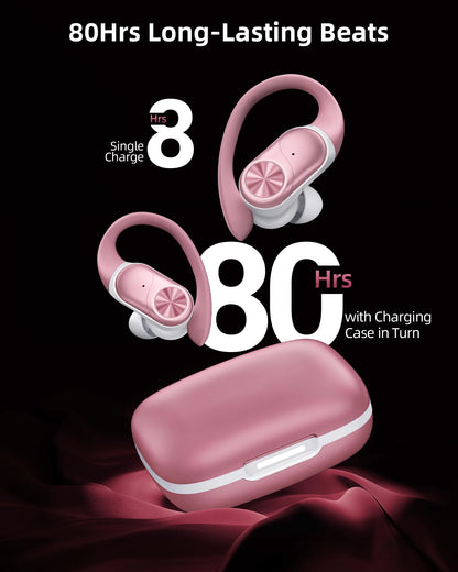 PocBuds Bluetooth Headphones Wireless Earbuds 80hrs Playtime Wireless Charging Case Digital Display Sport Ear Buds with Earhook Deep Bass IPX7 Waterproof Over-Ear Earphones for Phone Laptop Rose Gold