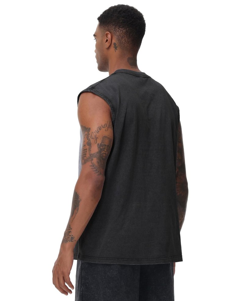 SnowElve Mens Workout Tank Tops Sleeveless Tee Shirts Men Muscle Shirt Gym Acid Wash T Shirts Running Beach Loose Fit Tee(BK,S) Black