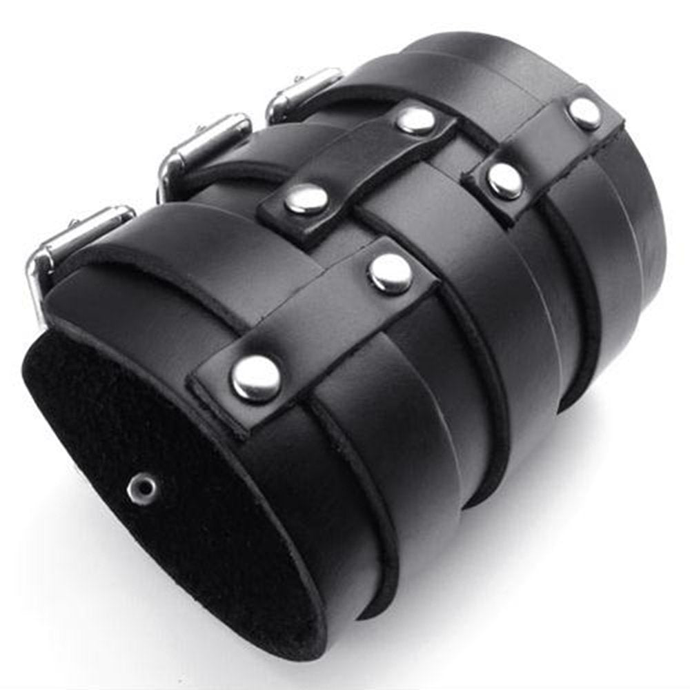 jonline24h Wide Genuine Leather Triple Strap Men's Bangle Cuff Bracelet Wristband Punk Rock Adjustable Fits 7.5" to 9" Black