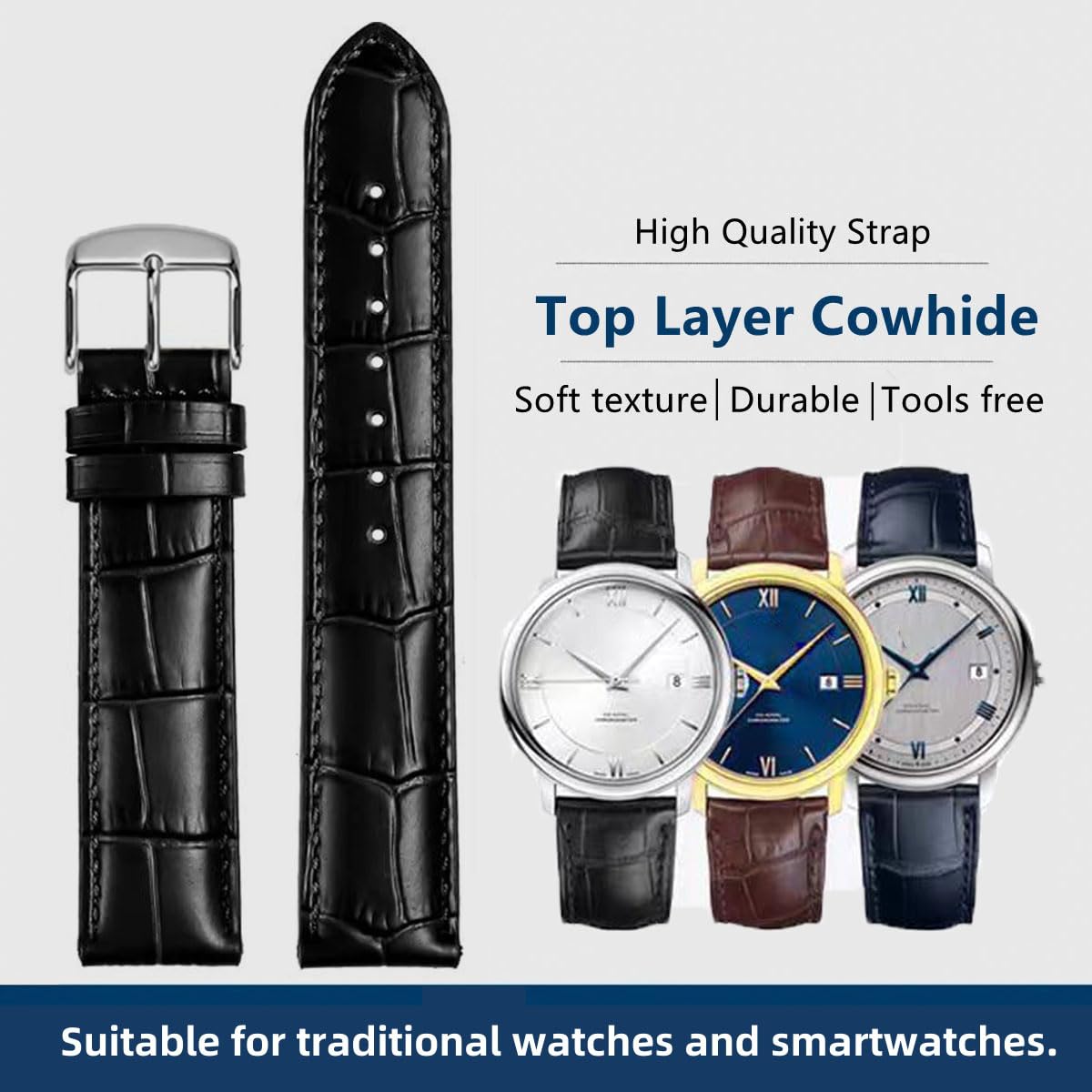 HEYOZURY Watch Bands Genuine Leather Embossed Alligator Grain Calfskin Replacement Strap for Women Men Bracelet Choose Color Width 16mm 17mm 18mm 19mm 20mm 21mm 22mm 22mm 24mm