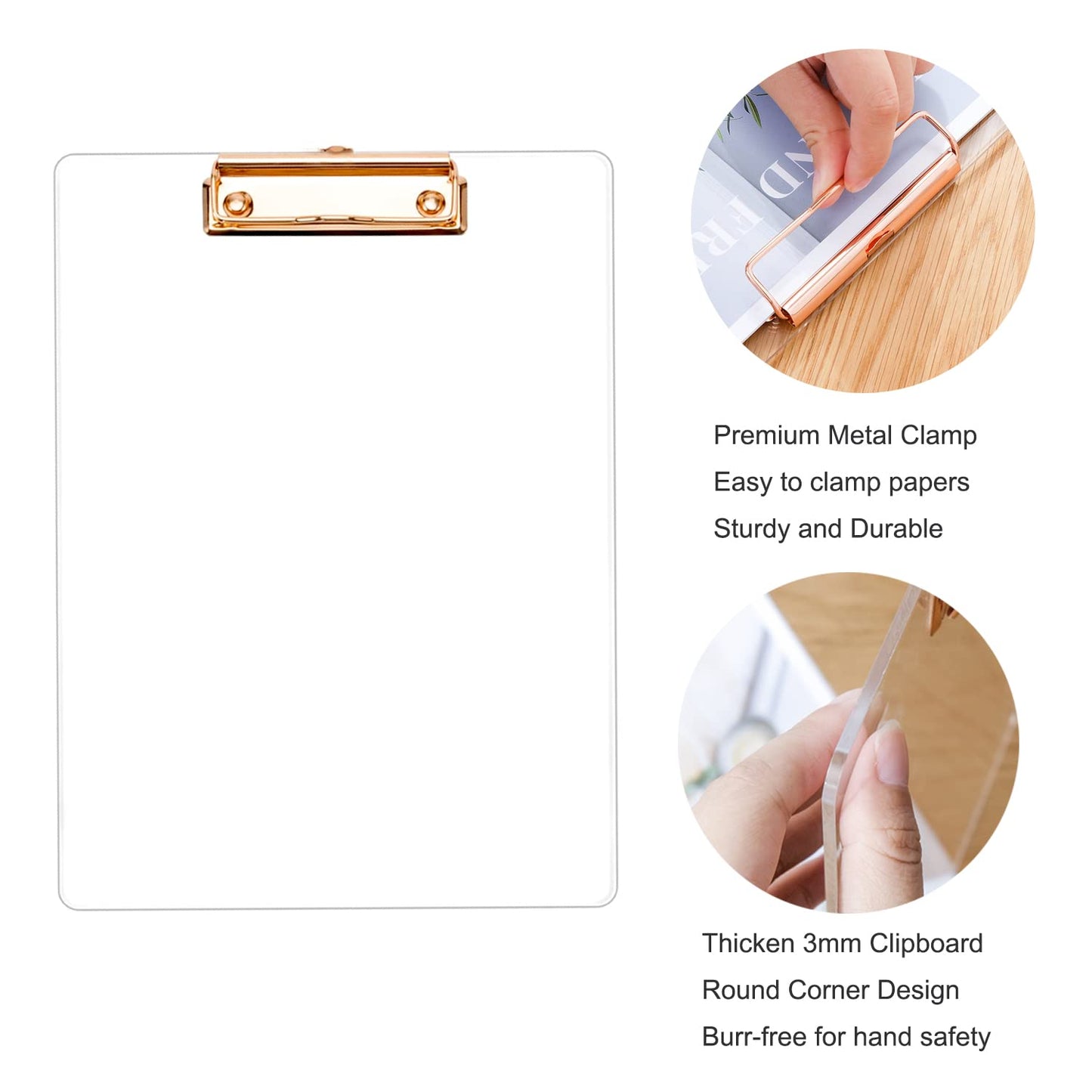 3mm Thick Acrylic Clipboards with Gold Clip 3-Pack, Durable Stylish Clipboards with Low Profile Clip Suit for A4 Paper
