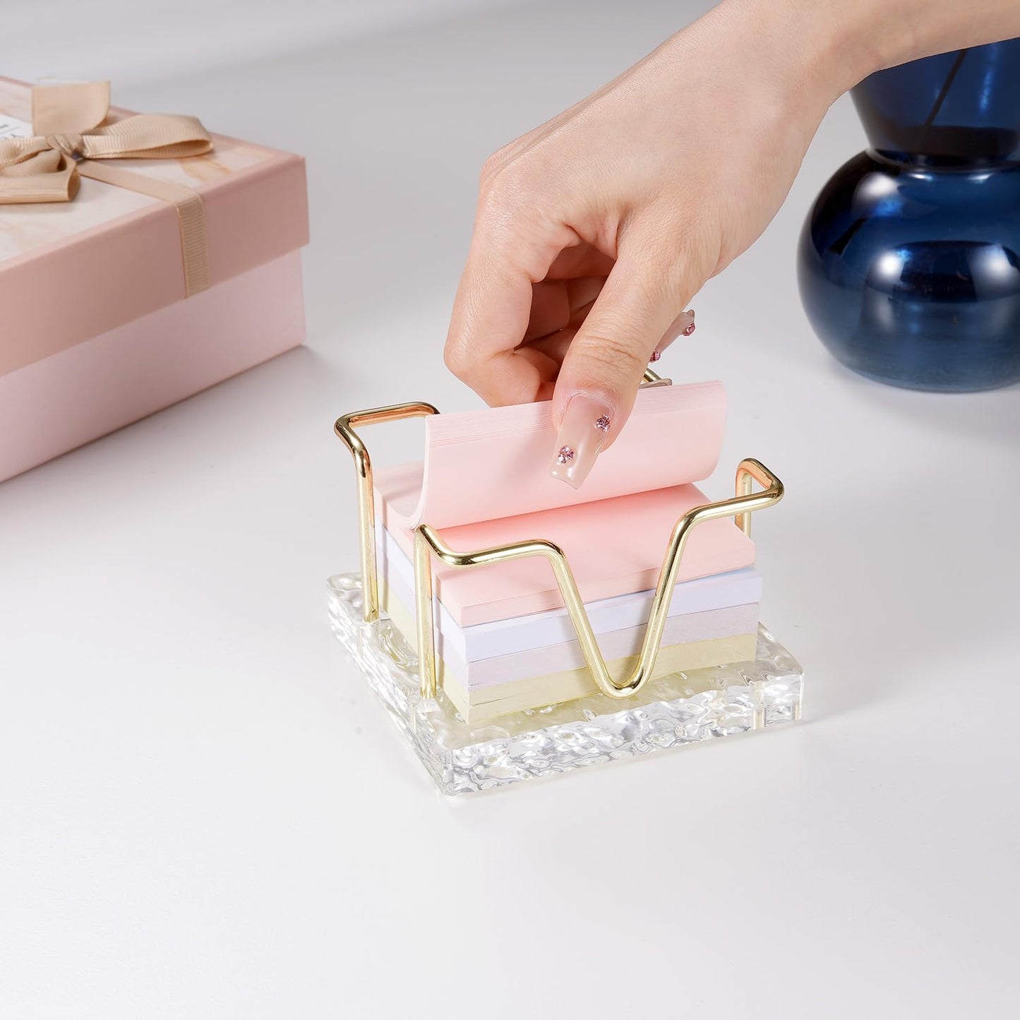 Acrylic Sticky Note Holder, 3 x 3 inch Self-Stick Note Memo Pad Holder for Desk, Notepad Dispenser Organizer for School Office Home, Gold