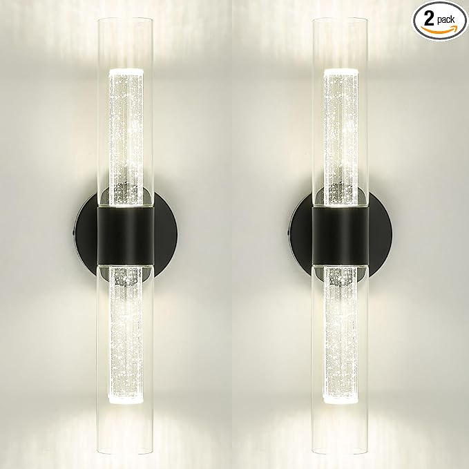 kudos Black Bathroom Sconces Wall Lighting,2 Pack LED Wall Lights with Crystal Bubble and Clear Glass, 3000K/4500K/6000K Adjustable,KDVL05-BK-2-2PK