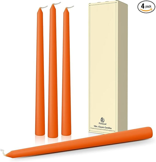 10-Inch Tall Dripless Taper Candles Set of 4 - Orange Tapered Candles, Perfect for Halloween,Fall - Smokeless, Unscented, Long Burning - Hand Poured, Colored Tall Candlesticks - Thanksgiving