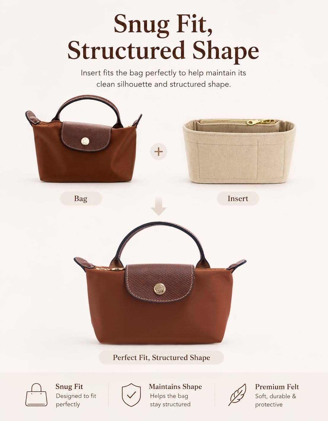 ATSEKTZ Purse Organizer Insert & Leather Strap Conversion Kit Set, Compatible with Longchamp Le Pliage Mini Bag – Felt Inner Liner & Adjustable Shoulder Strap, Beige