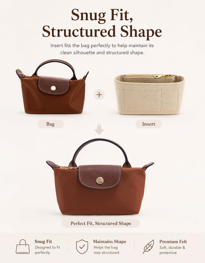 ATSEKTZ Purse Organizer Insert & Leather Strap Conversion Kit Set, Compatible with Longchamp Le Pliage Mini Bag – Felt Inner Liner & Adjustable Shoulder Strap, Beige