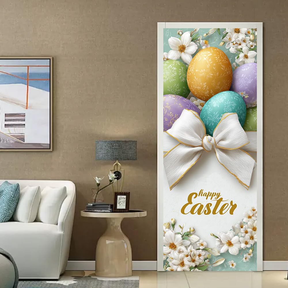 WDESYADMS Door Stickers 30.3x78.7 Inch PVC Easter Egg Floral Design Peel and Stick Decorative Door Cover for Home Entryway Bedroom Apartment Hallway Adds Seasonal Charm and Simple Festive Update
