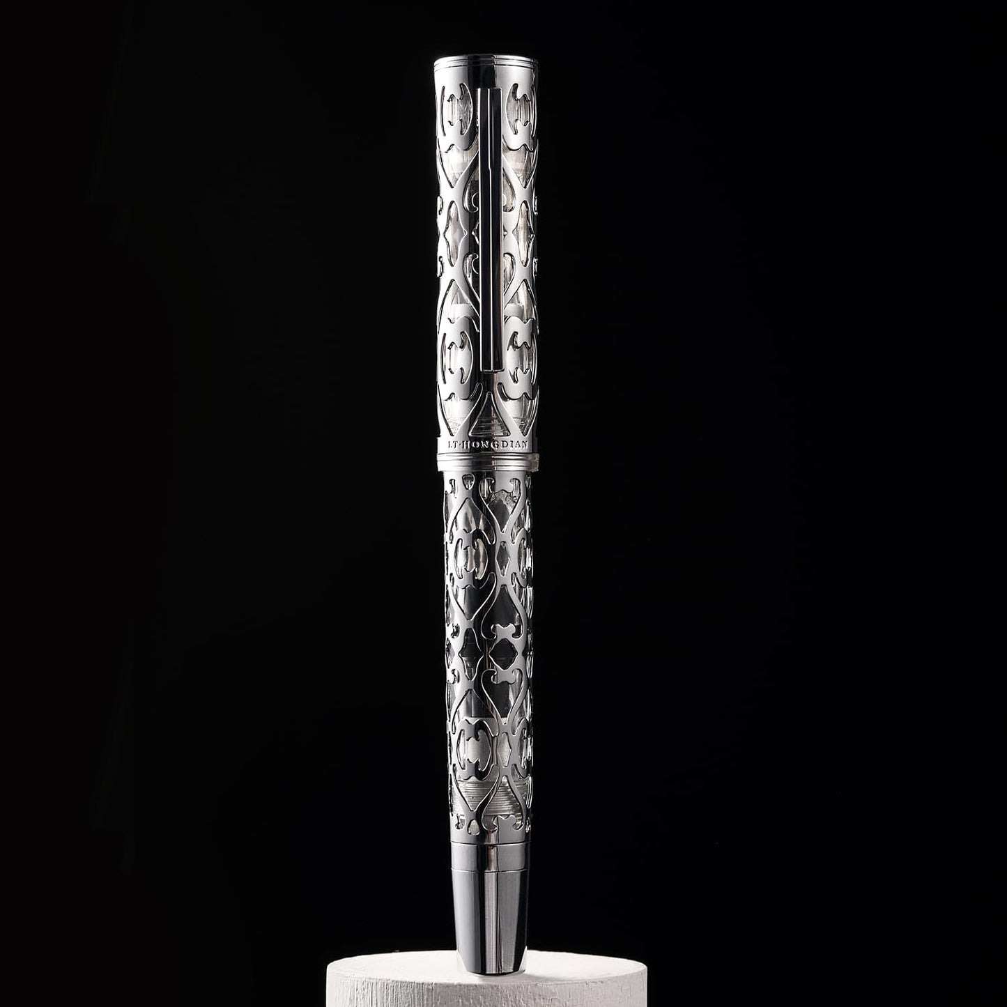 HONG DIAN D1 Piston Fountain Pen Fine Nib, Hollow Skeleton & Resin with Metal Case Set (Silver)